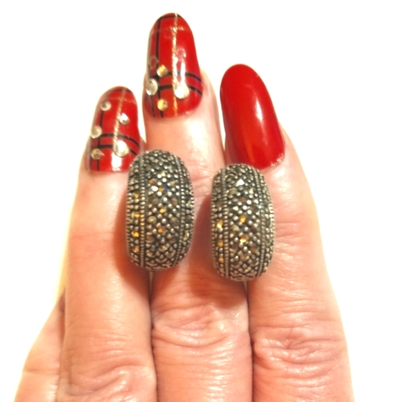 Vintage Sterling Marcasite Small Hoop Earrings - Picture 1 of 8